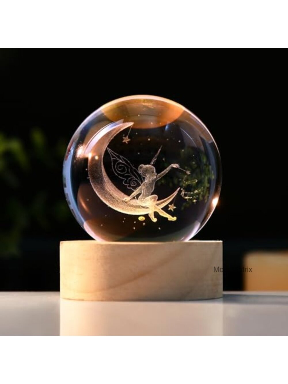 3D Fairy Moon Crystal Ball Night Light with Wooden Base, K9 Crystal Decorative